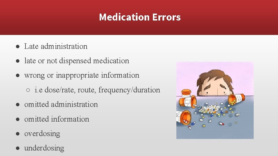 Medication Errors ● Late administration ● late or not dispensed medication ● wrong or