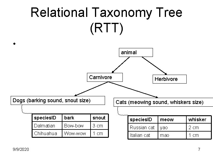 Relational Taxonomy Tree (RTT) • animal Carnivore Dogs (barking sound, snout size) 9/9/2020 Herbivore