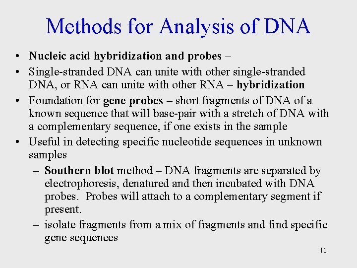 Methods for Analysis of DNA • Nucleic acid hybridization and probes – • Single-stranded