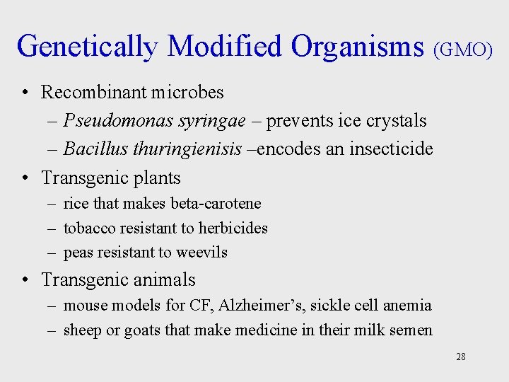 Genetically Modified Organisms (GMO) • Recombinant microbes – Pseudomonas syringae – prevents ice crystals