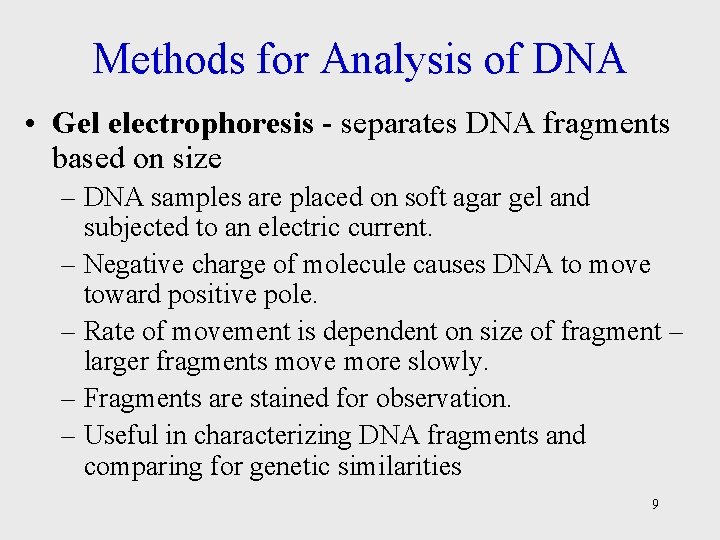 Methods for Analysis of DNA • Gel electrophoresis - separates DNA fragments based on