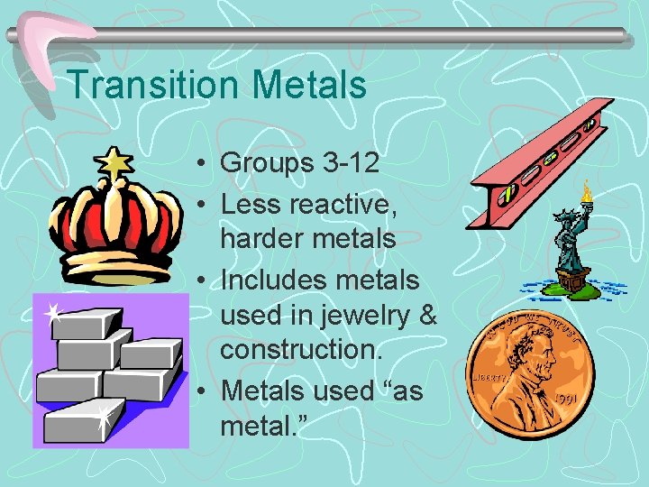 Transition Metals • Groups 3 -12 • Less reactive, harder metals • Includes metals