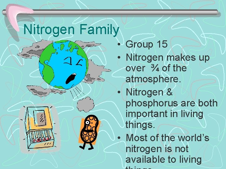 Nitrogen Family • Group 15 • Nitrogen makes up over ¾ of the atmosphere.
