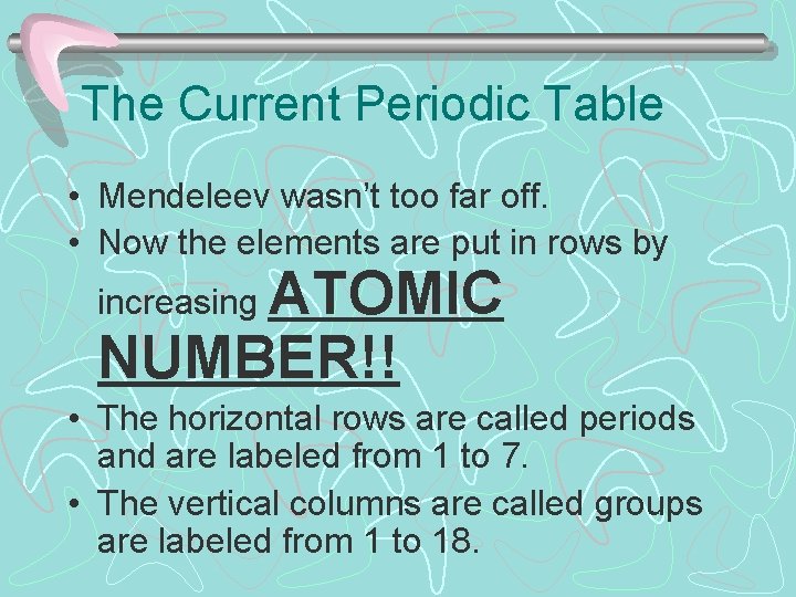The Current Periodic Table • Mendeleev wasn’t too far off. • Now the elements