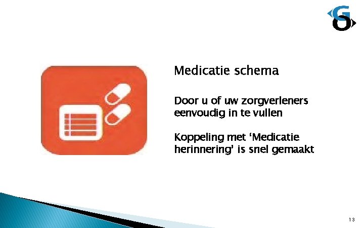 Medicatie schema Door u of uw zorgverleners eenvoudig in te vullen Koppeling met ‘Medicatie