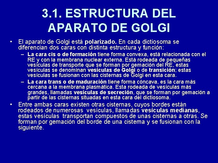 3. 1. ESTRUCTURA DEL APARATO DE GOLGI • El aparato de Golgi está polarizado.