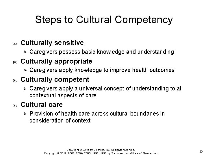 Steps to Cultural Competency Culturally sensitive Ø Culturally appropriate Ø Caregivers apply knowledge to