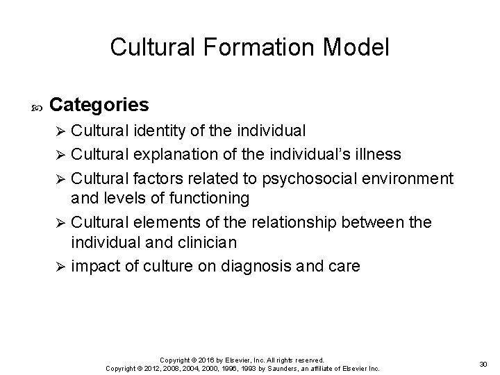 Cultural Formation Model Categories Cultural identity of the individual Ø Cultural explanation of the