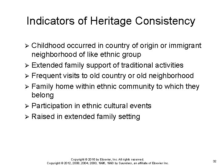 Indicators of Heritage Consistency Childhood occurred in country of origin or immigrant neighborhood of