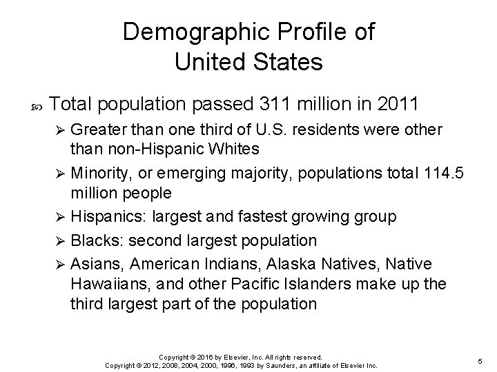 Demographic Profile of United States Total population passed 311 million in 2011 Greater than