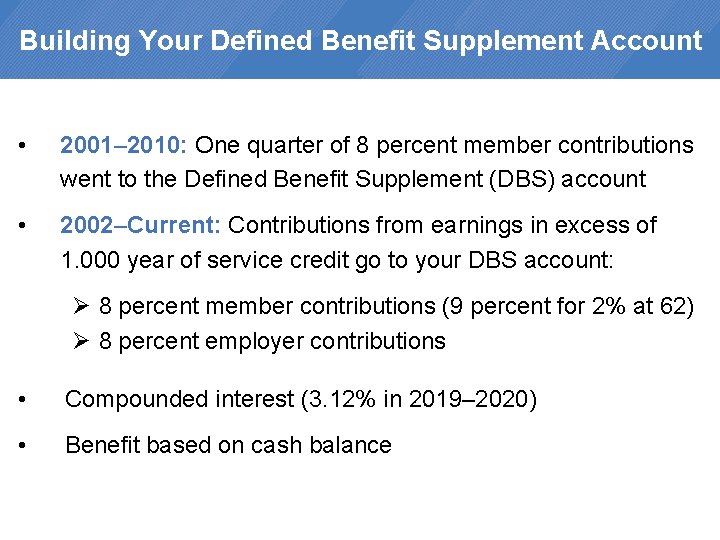 Building Your Defined Benefit Supplement Account • 2001– 2010: One quarter of 8 percent