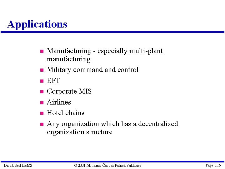 Applications Distributed DBMS Manufacturing - especially multi-plant manufacturing Military command control EFT Corporate MIS