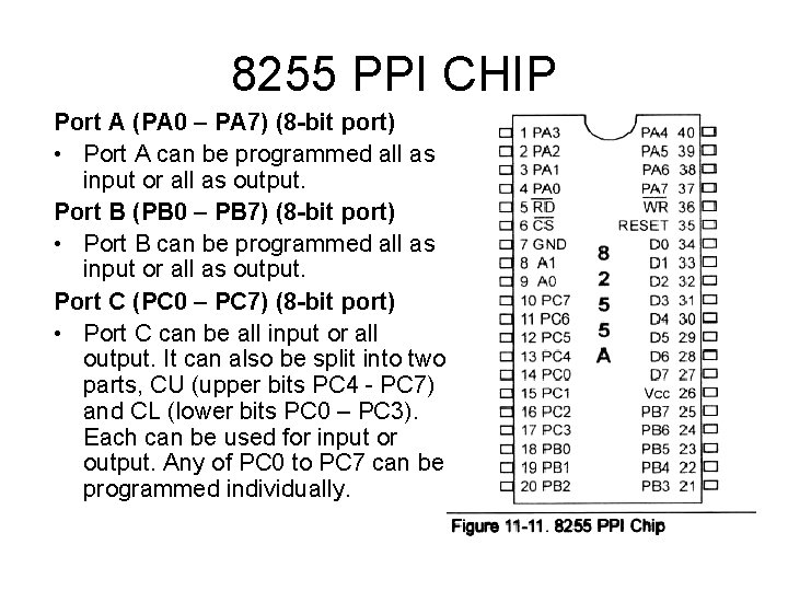 8255 PPI CHIP Port A (PA 0 – PA 7) (8 -bit port) •