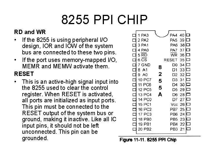 8255 PPI CHIP RD and WR • If the 8255 is using peripheral I/O