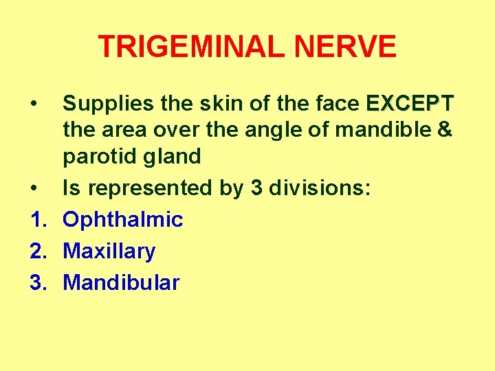 TRIGEMINAL NERVE • Supplies the skin of the face EXCEPT the area over the