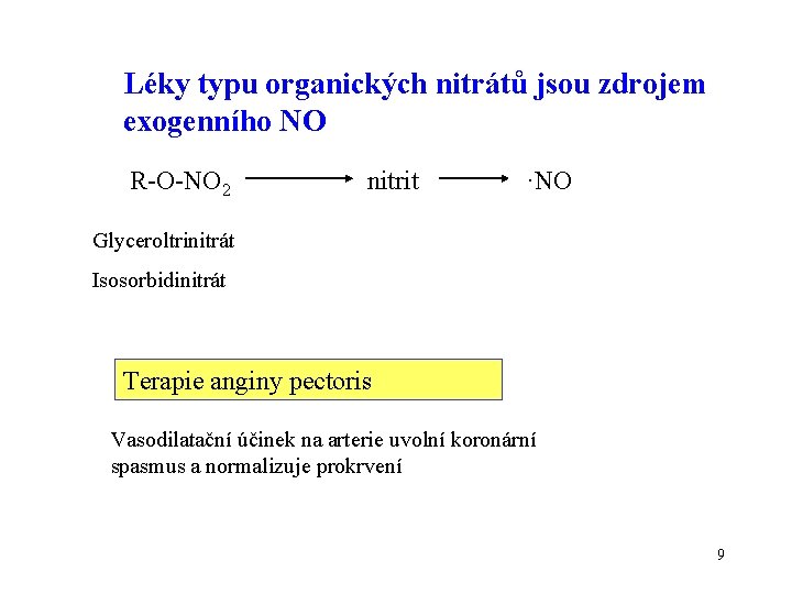 Léky typu organických nitrátů jsou zdrojem exogenního NO R-O-NO 2 nitrit ·NO Glyceroltrinitrát Isosorbidinitrát