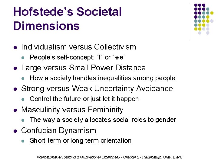 Hofstede’s Societal Dimensions l Individualism versus Collectivism l l Large versus Small Power Distance