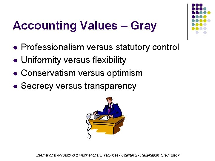 Accounting Values – Gray l l Professionalism versus statutory control Uniformity versus flexibility Conservatism