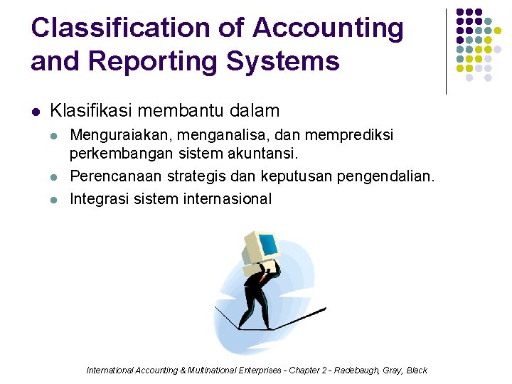 Classification of Accounting and Reporting Systems l Klasifikasi membantu dalam l l l Menguraiakan,