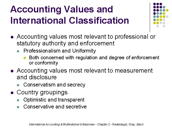 Accounting Values and International Classification l Accounting values most relevant to professional or statutory