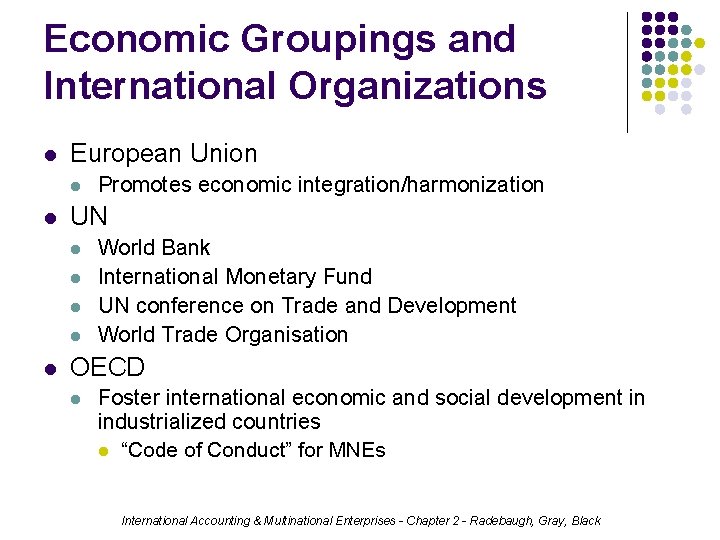 Economic Groupings and International Organizations l European Union l l UN l l l
