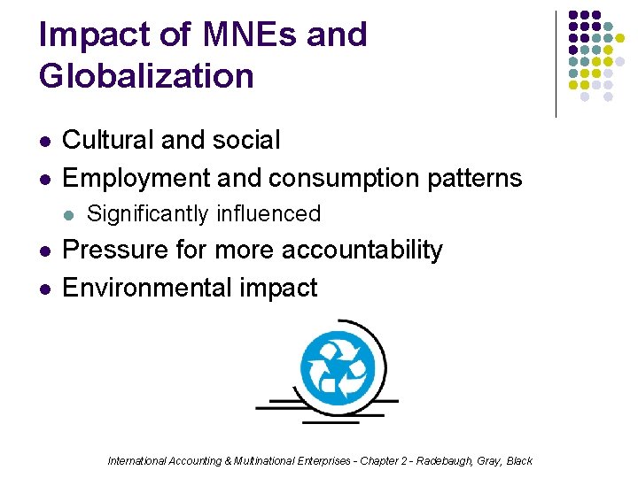 Impact of MNEs and Globalization l l Cultural and social Employment and consumption patterns