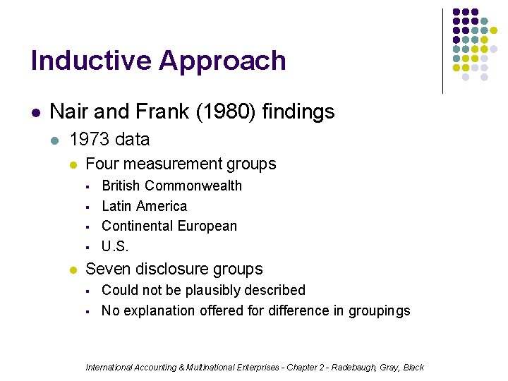 Inductive Approach l Nair and Frank (1980) findings l 1973 data l Four measurement