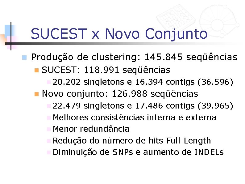 SUCEST x Novo Conjunto n Produção de clustering: 145. 845 seqüências n SUCEST: 118.