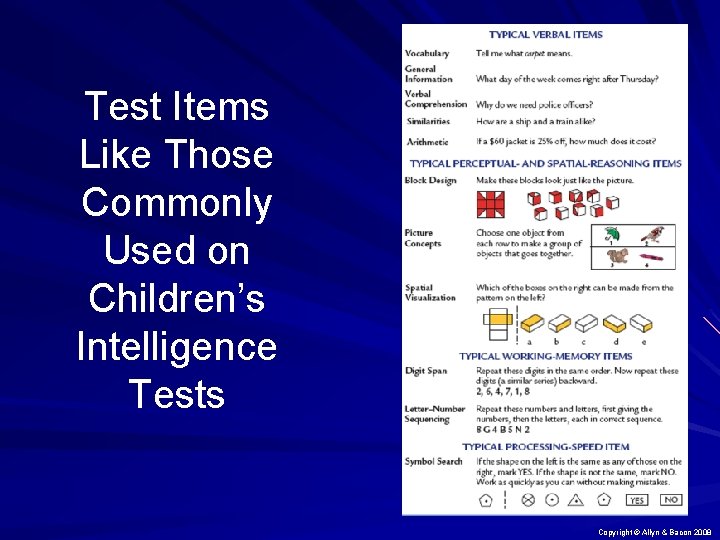 Test Items Like Those Commonly Used on Children’s Intelligence Tests Copyright © Allyn &