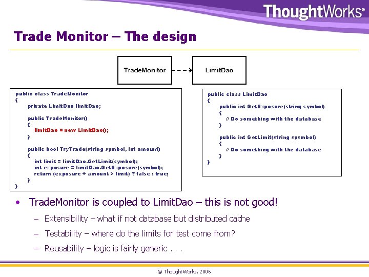 Trade Monitor – The design public class Trade. Monitor { private Limit. Dao limit.