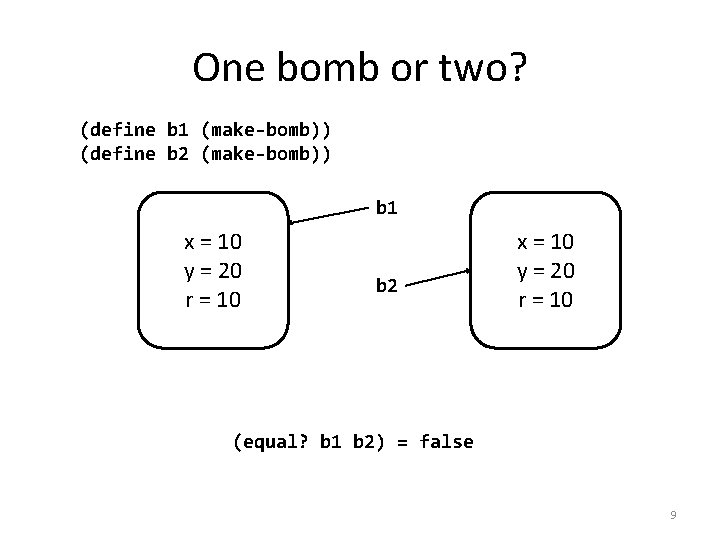 One bomb or two? (define b 1 (make-bomb)) (define b 2 (make-bomb)) b 1