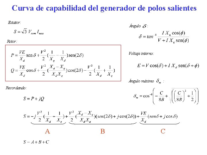 Curva de capabilidad del generador de polos salientes Estator: Ángulo : Rotor: Voltaje interno: