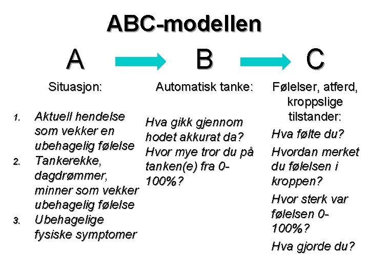 ABC-modellen 1. 2. 3. A B C Situasjon: Automatisk tanke: Følelser, atferd, kroppslige tilstander:
