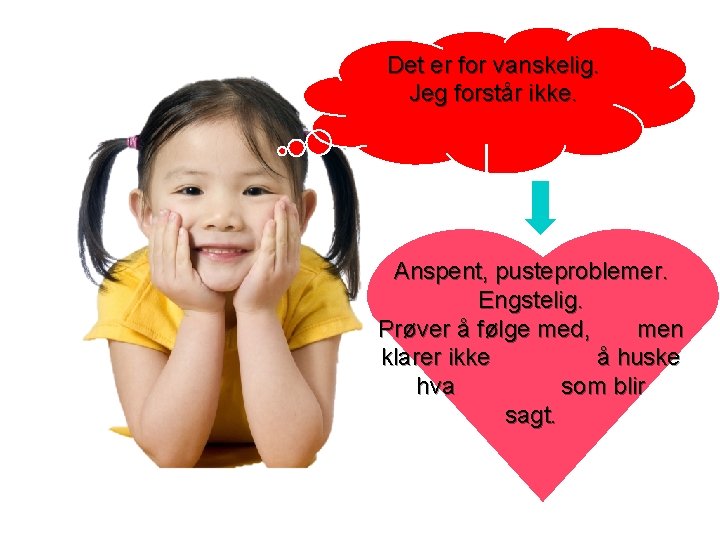 Det er for vanskelig. Jeg forstår ikke. Anspent, pusteproblemer. Engstelig. Prøver å følge med,