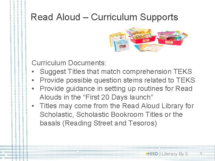 Read Aloud – Curriculum Supports Curriculum Documents: • Suggest Titles that match comprehension TEKS