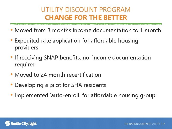 UTILITY DISCOUNT PROGRAM CHANGE FOR THE BETTER • Moved from 3 months income documentation