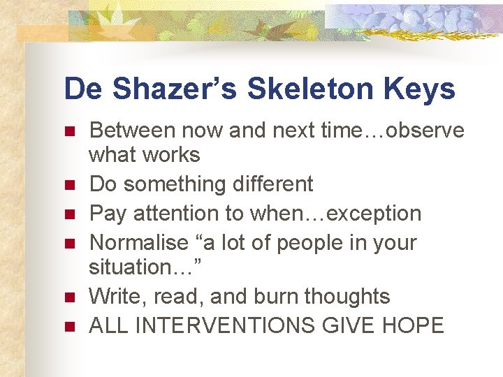 De Shazer’s Skeleton Keys n n n Between now and next time…observe what works
