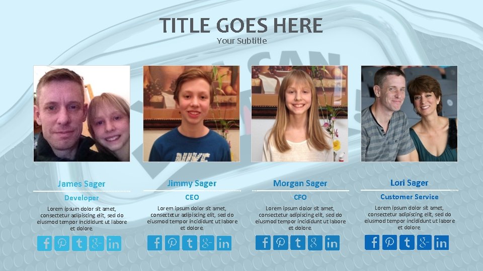 TITLE GOES HERE Your Subtitle James Sager Jimmy Sager Morgan Sager Lori Sager Developer