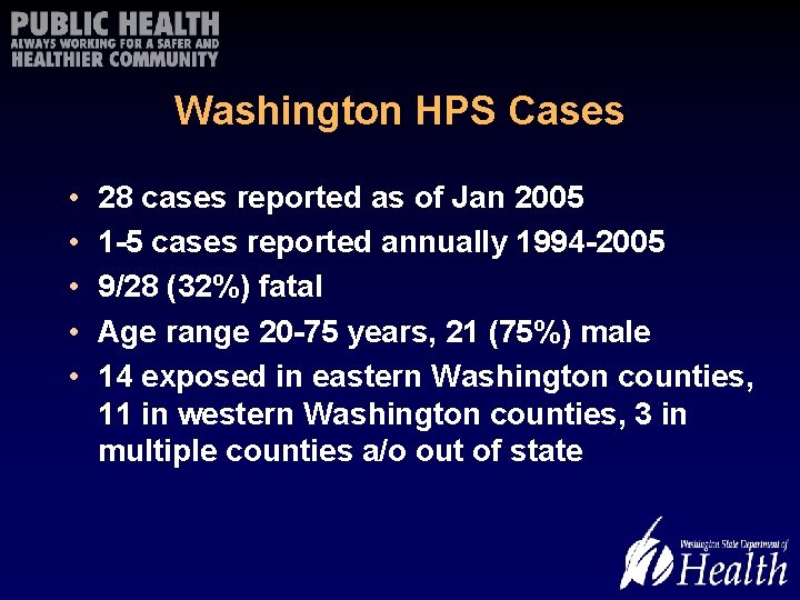 Washington HPS Cases • • • 28 cases reported as of Jan 2005 1