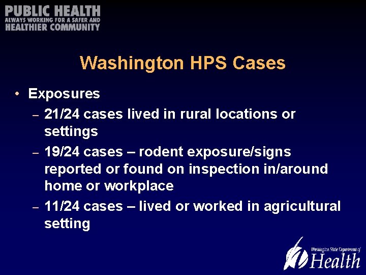 Washington HPS Cases • Exposures – 21/24 cases lived in rural locations or settings