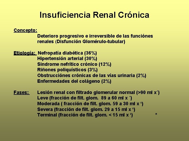 Insuficiencia Renal Crónica Concepto: Deterioro progresivo e irreversible de las funciónes renales (Disfunción Glomérulo-tubular)