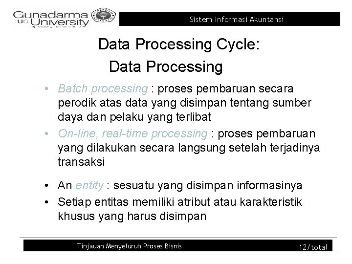 Sistem Informasi Akuntansi Data Processing Cycle: Data Processing • Batch processing : proses pembaruan