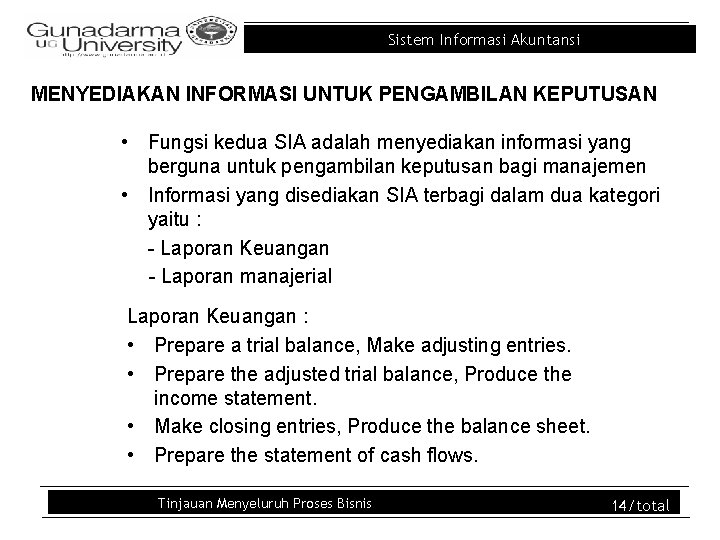 Sistem Informasi Akuntansi MENYEDIAKAN INFORMASI UNTUK PENGAMBILAN KEPUTUSAN • Fungsi kedua SIA adalah menyediakan