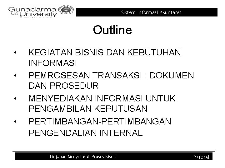 Sistem Informasi Akuntansi Outline • • KEGIATAN BISNIS DAN KEBUTUHAN INFORMASI PEMROSESAN TRANSAKSI :