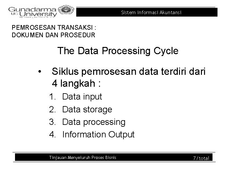 Sistem Informasi Akuntansi PEMROSESAN TRANSAKSI : DOKUMEN DAN PROSEDUR The Data Processing Cycle •