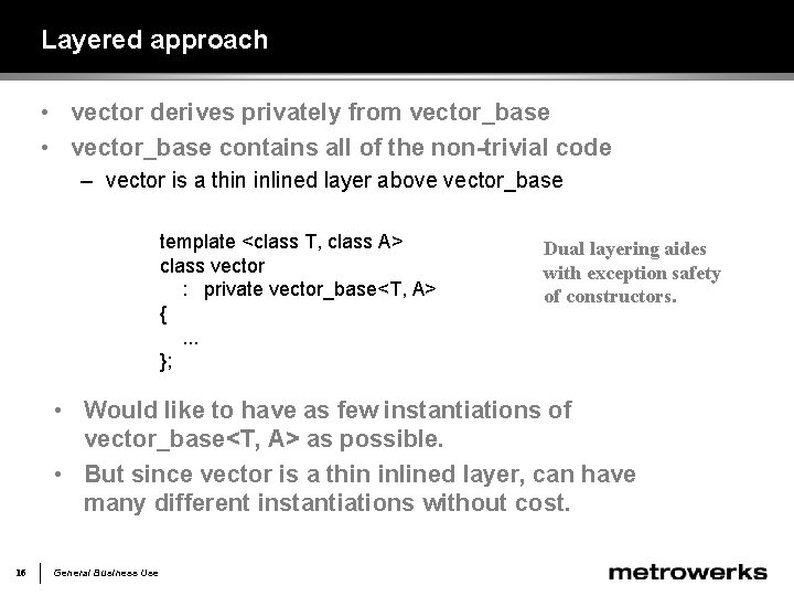 Layered approach • vector derives privately from vector_base • vector_base contains all of the