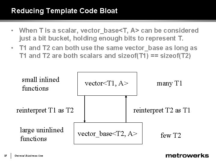 Reducing Template Code Bloat • When T is a scalar, vector_base<T, A> can be