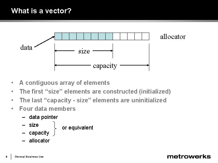 What is a vector? allocator data size capacity • • A contiguous array of
