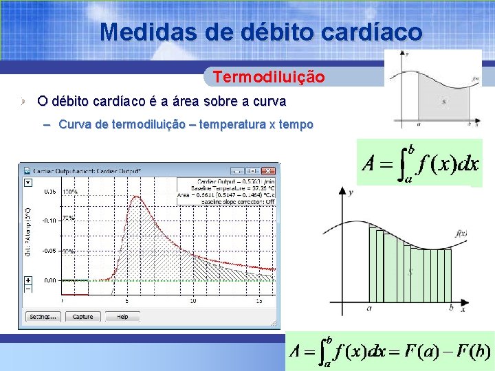 Medidas de débito cardíaco Termodiluição O débito cardíaco é a área sobre a curva