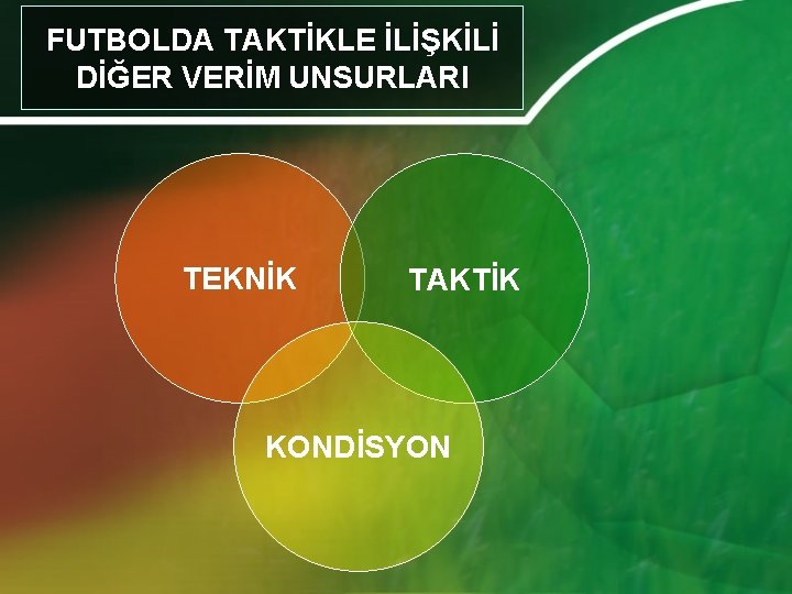 FUTBOLDA TAKTİKLE İLİŞKİLİ DİĞER VERİM UNSURLARI TEKNİK TAKTİK KONDİSYON 